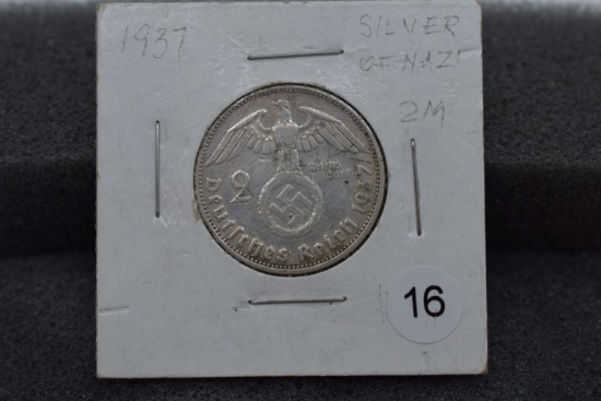 1937 Silver Nazi-german 2 Mark W/swastica