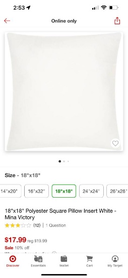 18x18 Square Pillow Insert White