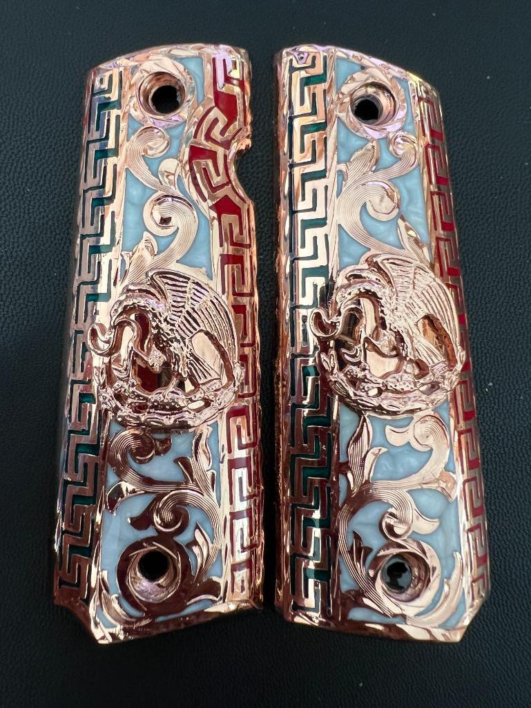 Custom 3D Engraved Ivory Grips For 1911 Full Size - Mexican Flag Eagle Scroll Design