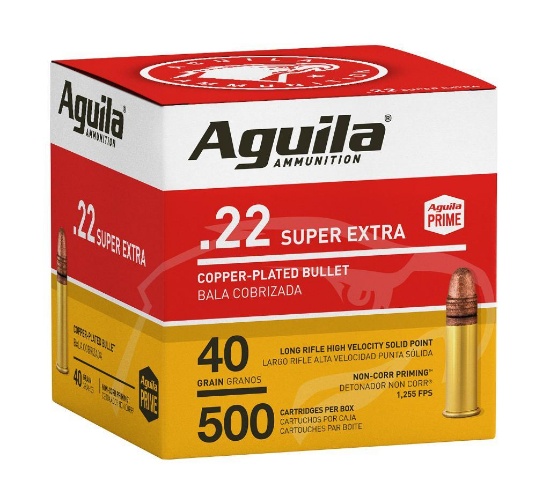 Aguila 1B221115 Super Extra High Velocity 22 LR 40 gr CopperPlated Solid Point 500 Per Box