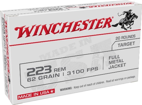 Winchester Ammo W223FMJ62 USA 223 Rem 62 gr 3100 fps Full Metal Jacket FMJ 20 Bx