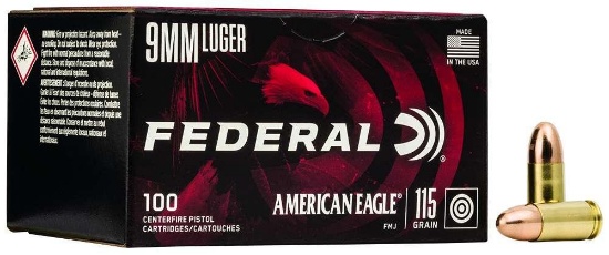 Federal AE9DP100 American Eagle Handgun 9mm Luger 115 gr Full Metal Jacket FMJ 100 Per Box