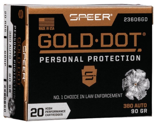 Speer 23606GD Gold Dot Personal Protection 380 ACP 90 gr 1040 fps Hollow Point HP 20 Bx