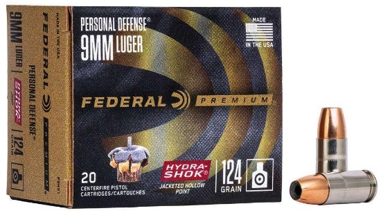 Federal P9Hs1 Premium Personal Defense 9Mm Luger 124 Gr Hydra-Shok Jacketed Hollow Point 20 Bx