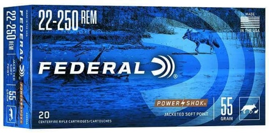 Federal 22250A Power-Shok 22-250 Rem 55 Gr Jacketed Soft Point (Jsp) 20 Bx
