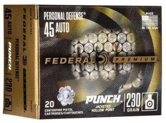 Federal Pd45P1 Premium Punch 45 Acp 230 Gr Jacketed Hollow Point (Jhp) 20 Bx