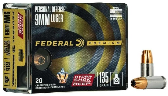 Federal P9Hsd1 Premium Personal Defense 9Mm Luger 135 Gr Hydra-Shok Deep Hollow Point 20 Bx