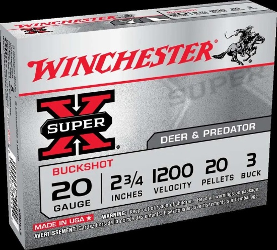 Winchester Ammo Xb203 Super-X 20 Gauge 2.75 20 Pellets 3 Buck Shot 5 Bx