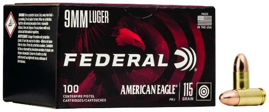 Federal Ae9Dp100 American Eagle 9Mm Luger 115 Gr Full Metal Jacket (Fmj) 100 Bx