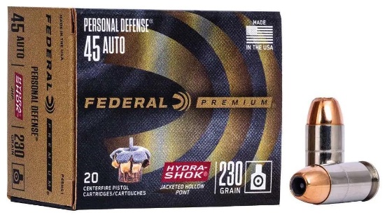 Federal P45Hs1 Premium Personal Defense 45 Acp 230 Gr Hydra-Shok Jacketed Hollow Point 20 Bx