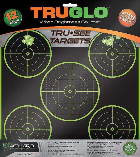 Truglo TG11A12 Tru-See Self-Adhesive Paper 12 x 12 5-Bullseye Black Target Paper w/Green Accents 12