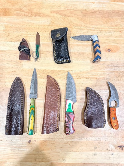 Lot of 5 Damascus Style Knives with Sheaths & 2 Folding Knives