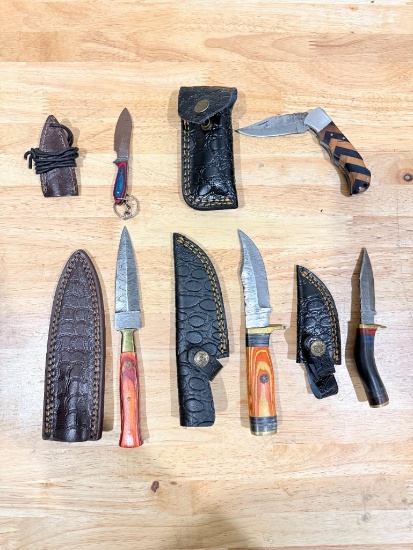 Lot of 5 Damascus Style Knives with Sheaths & 2 Folding Knives