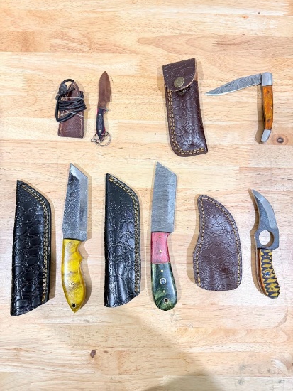 Lot of 5 Damascus Style Knives with Sheaths & Folding Knife