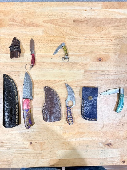 Lot of 5 Damascus Style Knives with Sheaths & Folding Knife