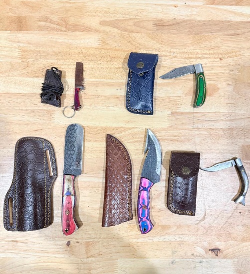 Lot of 5 Damascus Style Knives with 5 Sheaths
