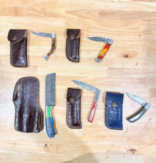 Lot of 5 Damascus Style Knives with 5 Leather Sheaths