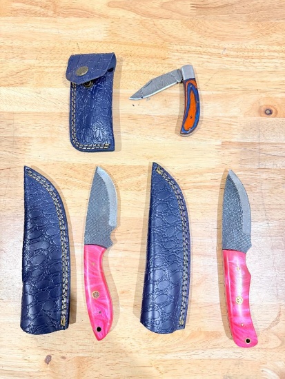 Lot of 3 Damascus Style Knives with 3 Sheaths