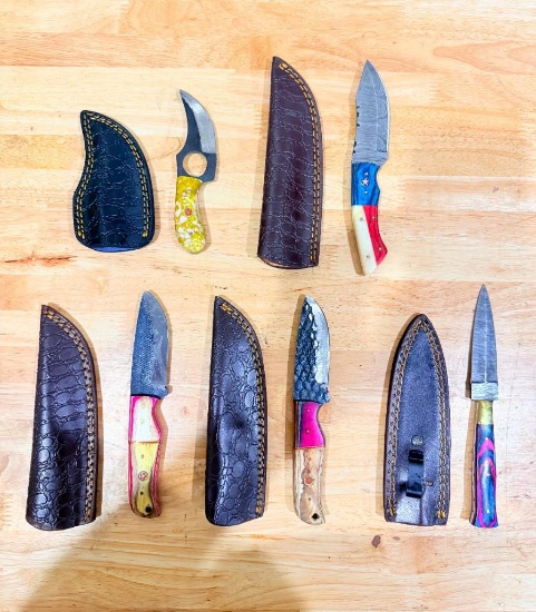 Lot of (5) Assorted Custom Knives with Leather Sheaths