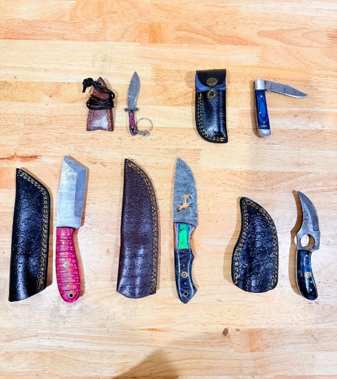 Lot of (5) Assorted Custom Knives with Leather Sheaths