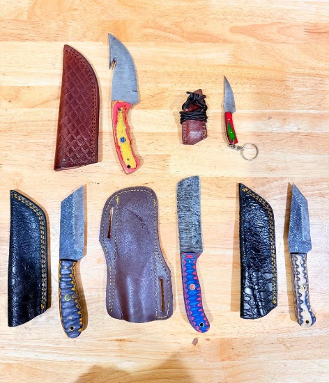 Lot of (5) Assorted Custom Knives with Leather Sheaths