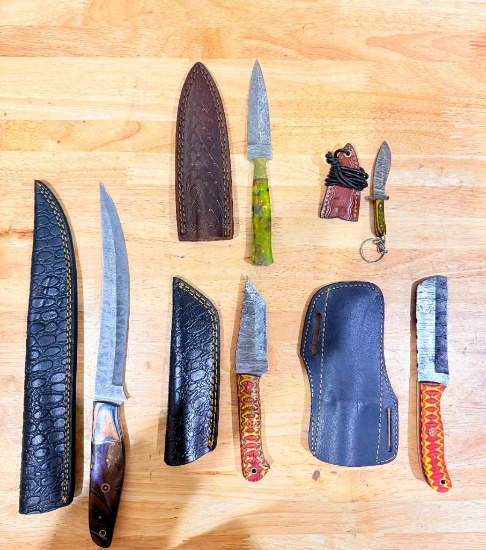 Lot of (5) Assorted Custom Knives with Leather Sheaths