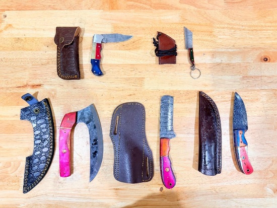 Lot of (5) Assorted Custom Knives with Leather Sheaths