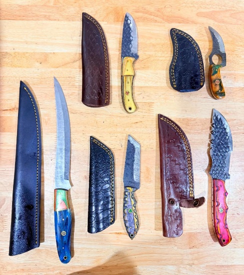 Lot of (5) Assorted Custom Fixed Blade Knives with Leather Sheaths