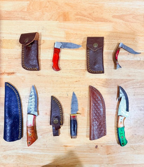 Lot of (5) Assorted Custom Knives with Leather Sheaths