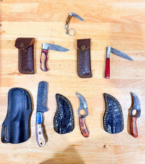 Lot of (6) Assorted Custom Knives with Leather Sheaths