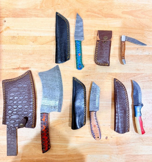 Lot of (5) Assorted Custom Knives with Leather Sheaths