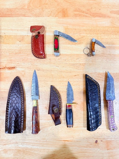 Lot of (5) Assorted Custom Knives with Leather Sheaths