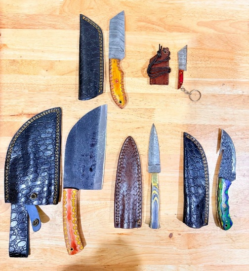 Lot of (5) Assorted Custom Fixed Blade Knives with Leather Sheaths