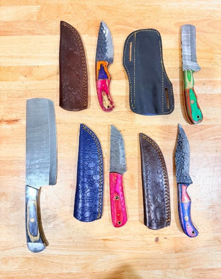 Lot of (5) Assorted Custom Fixed Blade Knives with Leather Sheaths