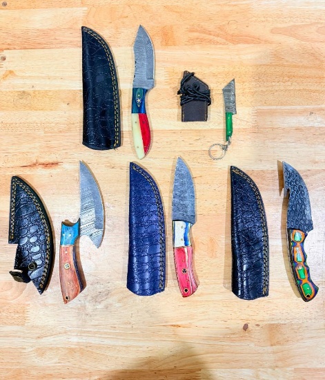 Lot of (5) Assorted Custom Knives with Leather Sheaths