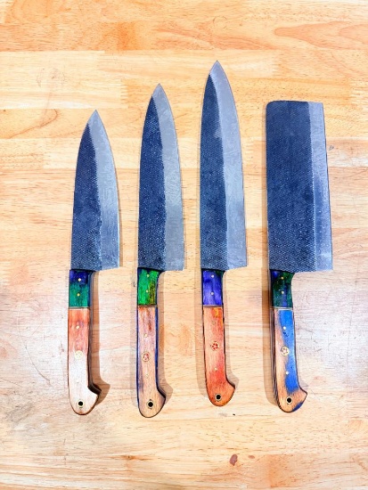 Set of (4) Custom Kitchen Knives with Decorative Wood Handles