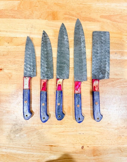 Set of (5) Custom Damascus-Style Kitchen Knives with Wood Handles