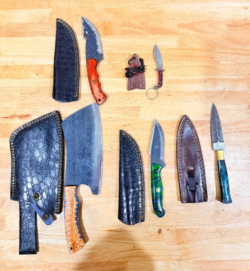 Lot of (5) Custom Fixed-Blade Knives with Sheaths