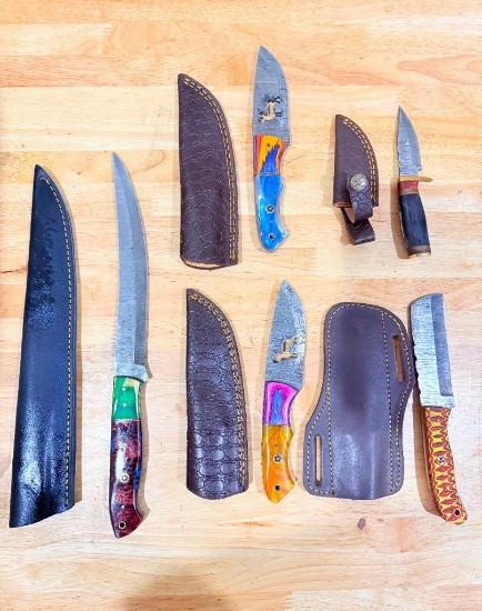 Lot of (5) Assorted Custom Fixed-Blade Knives with Sheaths