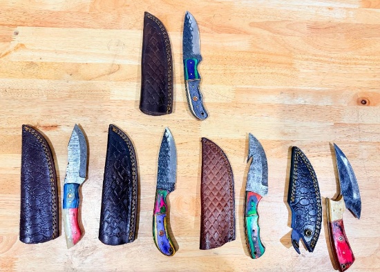 Lot of (5) Assorted Custom Fixed-Blade Knives with Sheaths