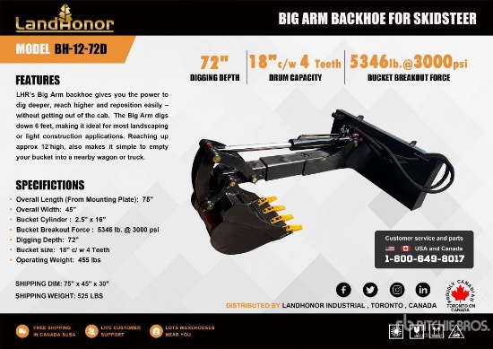 LandHonor BH-12-72D 72" Big Arm Backhoe Skid Steer Attachment 18" Bucket