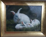 Antique Rabbits Landscape -Oil canvas painting / Signed