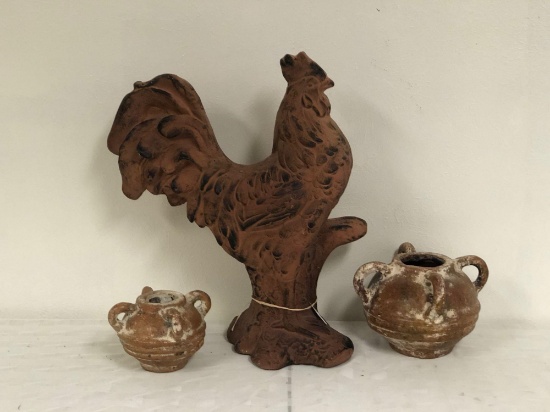 Large rust rooster 2 seramic pots