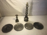 Pewter plates and lamp