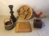 Wooden board, baskets, candle stick, misc