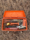 Red tool box, drill bits clamps...