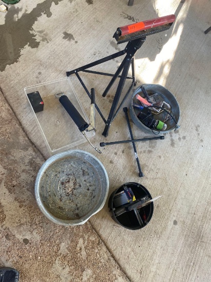 ROLLER STAND, TWO DRAIN PANS, 4 WAY LUG WRENCH, GREASE GUN AND MORE