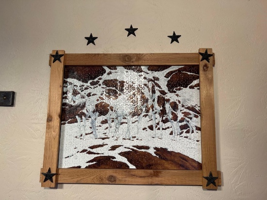 FRAMED PUZZLE PICTURE OF PAINT HORSES 32 ? x 25 ? & DECORATIVE STARS