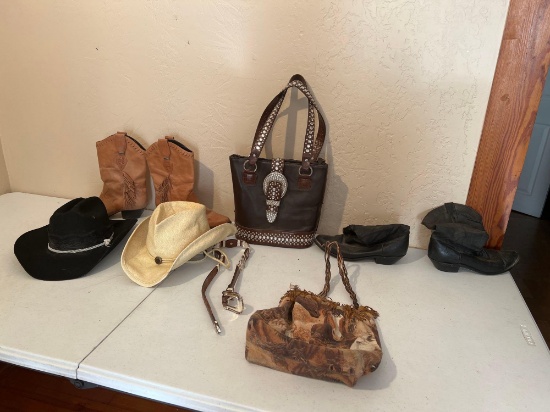 COWBOY BOOTS, HATS AND PURSE