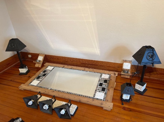 MIRROR, LAMPS, LIGHTS, CANDLE HOLDERS AND CEILING FAN MATCHING SET